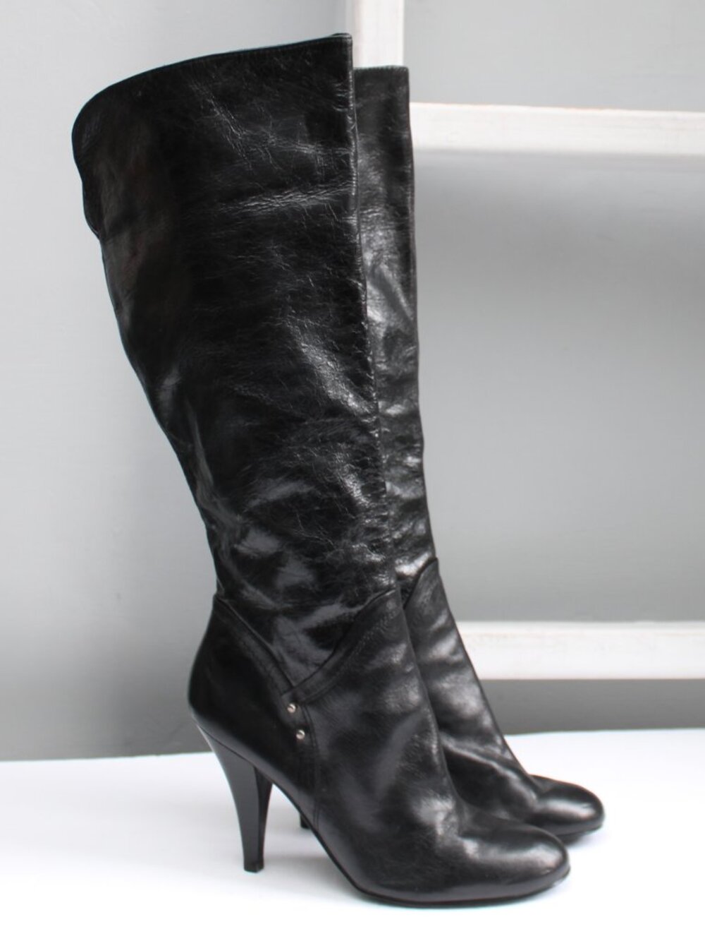 Nine West Knee High Black Leather Truman Round Toe Heel Boots Women's Size 9.5